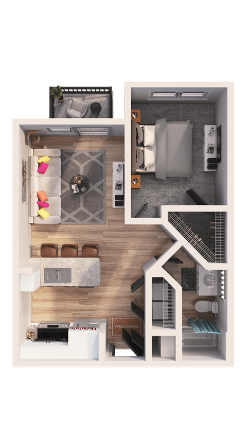 A detailed 3D floor plan of a small apartment layout.